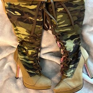 Army Knee-High Lace Up Stiletto Boots